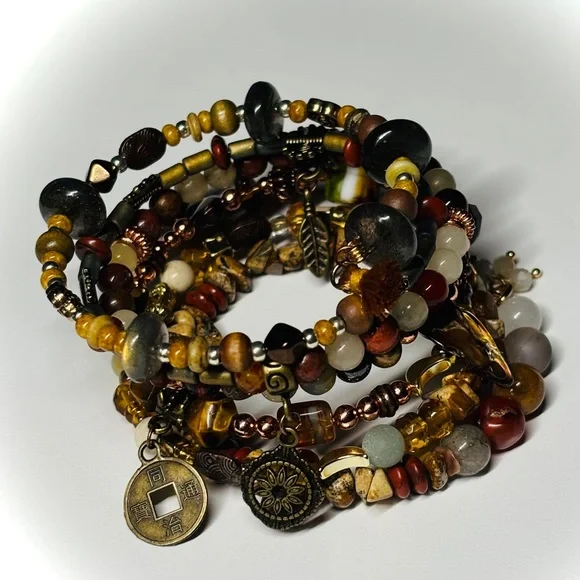 🆕 OOAK Bohemian Bead Mix Memory Wire Wrap Bracelet — Semi Precious Gemstone